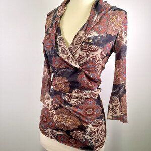 Y2K Sweet Pea Sheer Mesh Wrap Top Boho Paisley Ruched Fairy Whimsigoth Large